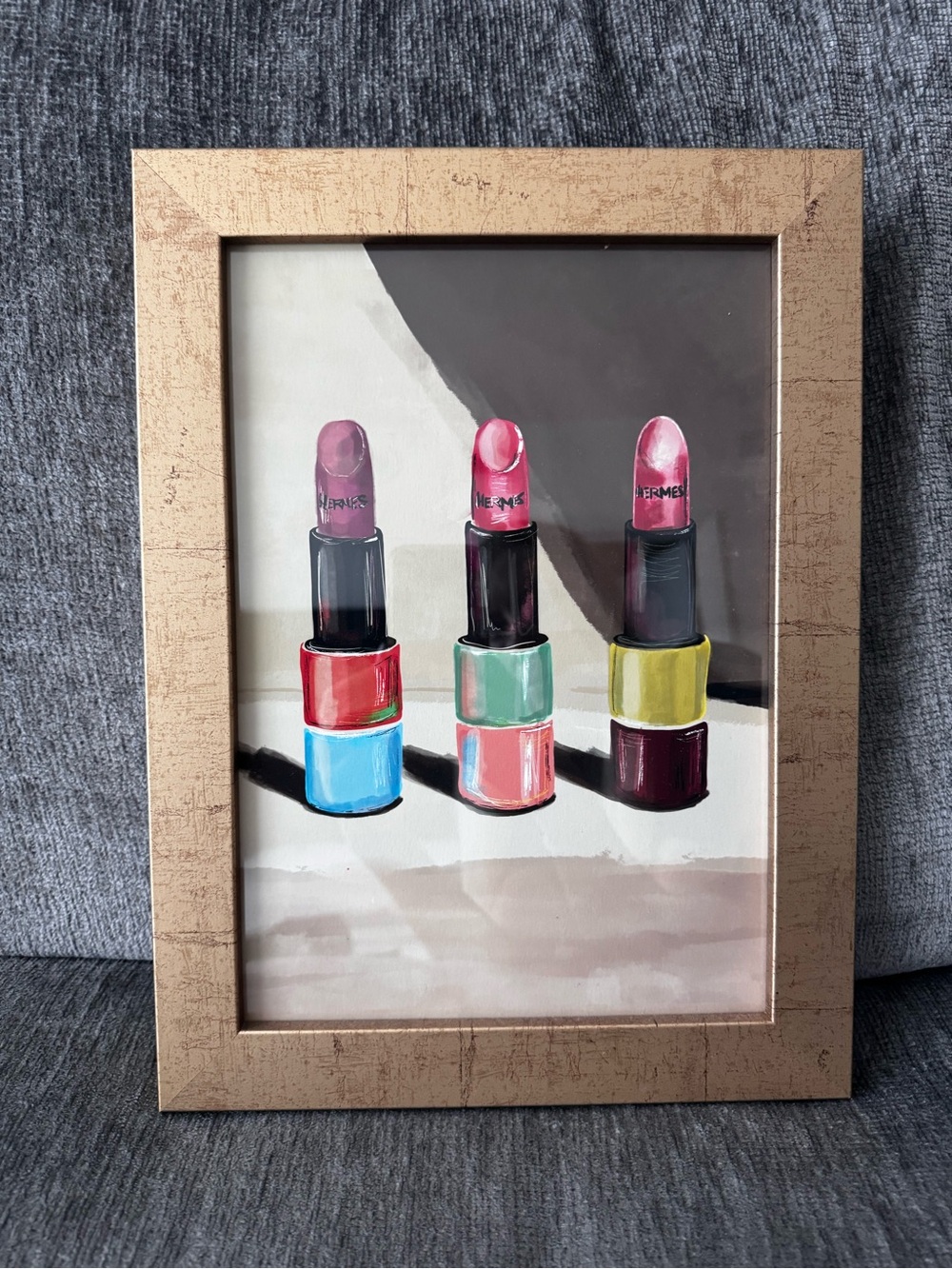 Framed Lipstick Trio Art Print in Pink and Multicolor Framed in Golden copper